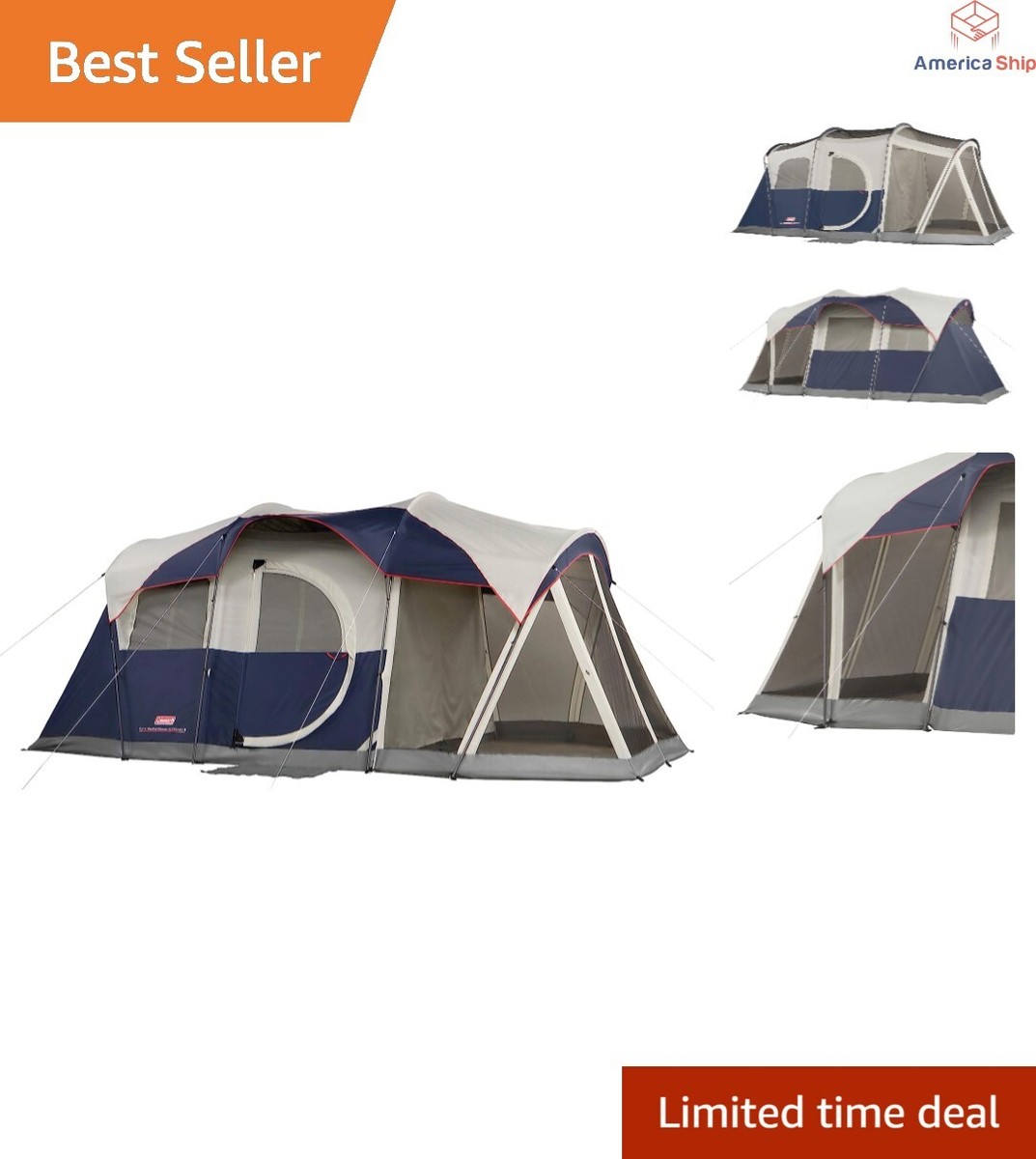 6-Person Camping Tent with LED Lights Screened Porch