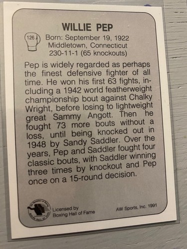 Willie Pep (1991 All World Boxing) - Picture 2 of 2