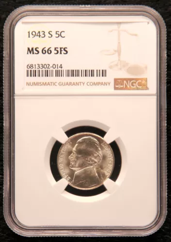 1943 S Jefferson Nickel -- NGC MS66-5FS Proof-Like Pinwheel