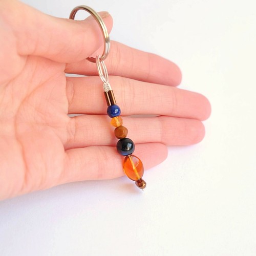 Handmade Blue and Amber Colored Glass Beaded Keychain Copper Accents - Picture 3 of 5