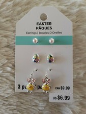 Easter Earrings, Girls 3 Pairs Pierced Ears, Pearl/Baby Chick/Easter Eggs