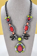 Multicolor Cabochon And Crystal Beaded Statement Bib Necklace 22"  Gunmetal Tone