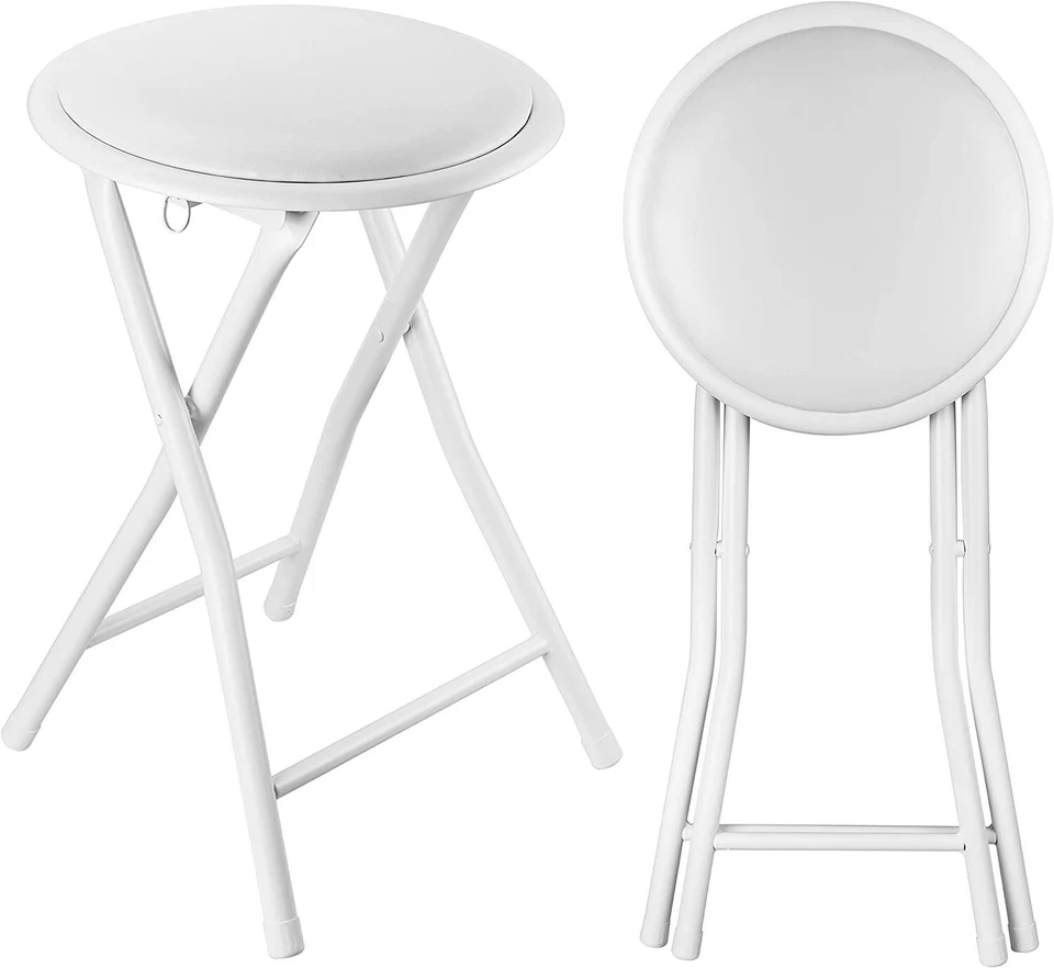 WHITE FOLDING STOOL ROUND FOLDABLE METAL FOR SPACE SAVING STOOLS PADDED SEAT NEW - Image 2 of 4