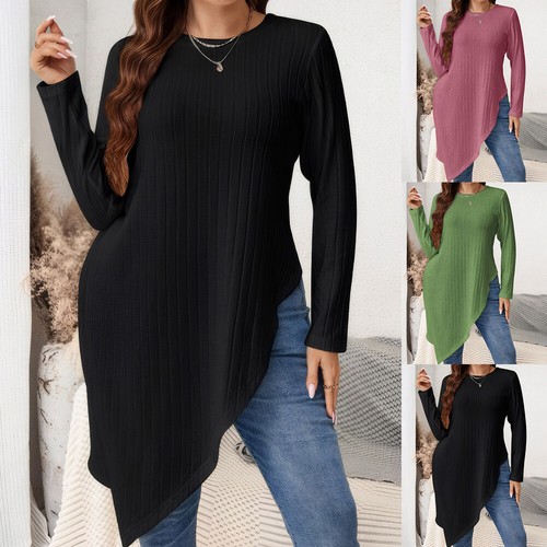 Plus Size Womens Ribbed Tunic Tops Long Sleeve Swing T Shirt Blouse Pullover