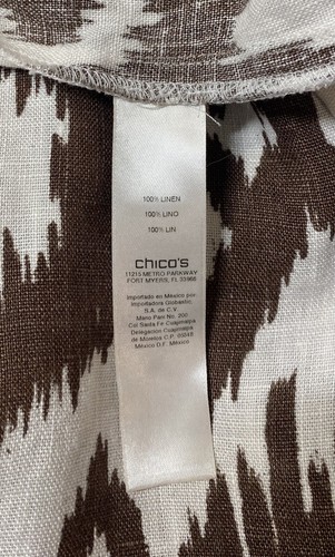 Chicos Linen Open Front Ikat Printed Jacket White & Brown Geometric Sz 3 - Picture 8 of 9