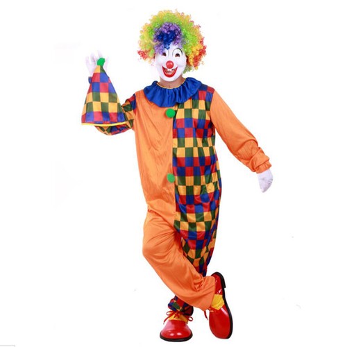 Circus Clown Costume Halloween Party Grids Fancy Dress Mens Clothes w/ Hat - Picture 2 of 12