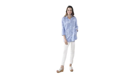 Susan Graver Printed Linen Blend Button Front Tunic Shirt in Blue Choose Size