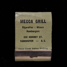 Vintage Matchbook Cover, Mecca Grill, Vancouver B.C. Hornby St. SAPF1