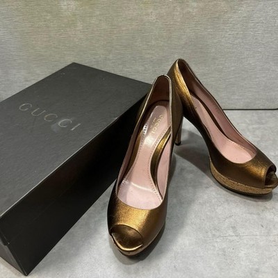 GUCCI Open Toe High Heel Pumps Bronze Metallic Leder Damen Größe 35,5 US 5,5