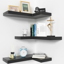 Set of 3 Corner Floating Shelves Invisible Brackets Wall Mount 16.6 x 6 Black