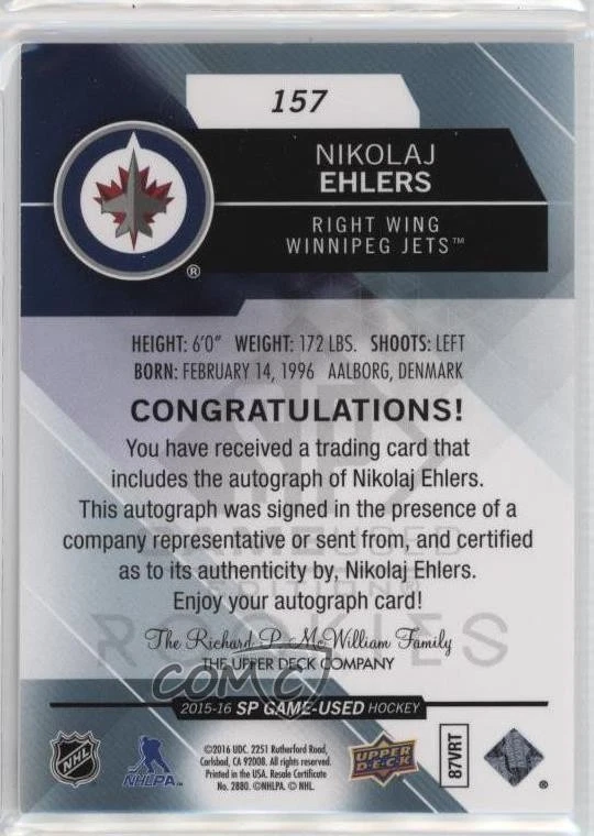 2015-16 SP Game-Used Authentic Rookies Blue Nikolaj Ehlers #157 Rookie Auto RC - Image 2 of 2