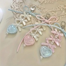 Heart Shape Bow Beaded Key Chain Phone Strap Lanyard Cute Women Backpack Charm
