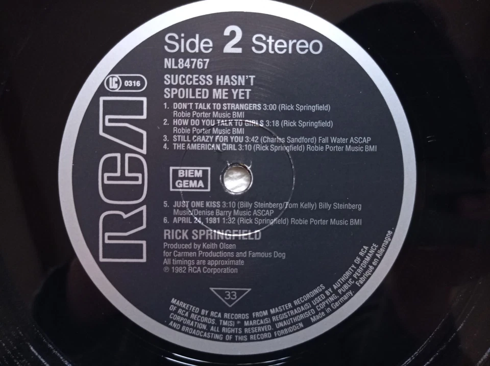 LP 33T RICK SPRINGFIELD "Success Hasn't Spoiled Me Yet" RCA NL84767 UK/EUROPE ° - Photo 4/4