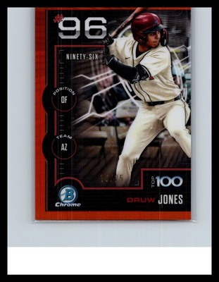 2025 Bowman #BTP-96 Druw Jones Bowman Scouts Top 100 Orange Refractor #/25