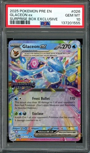 Pokemon TCG Prismatic Evolutions Surprise Box #026 Glaceon ex PSA 10 Stamped
