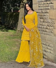 Launching Faux Georgette Yellow Palazzo Suit And Dupatta For Function Wear