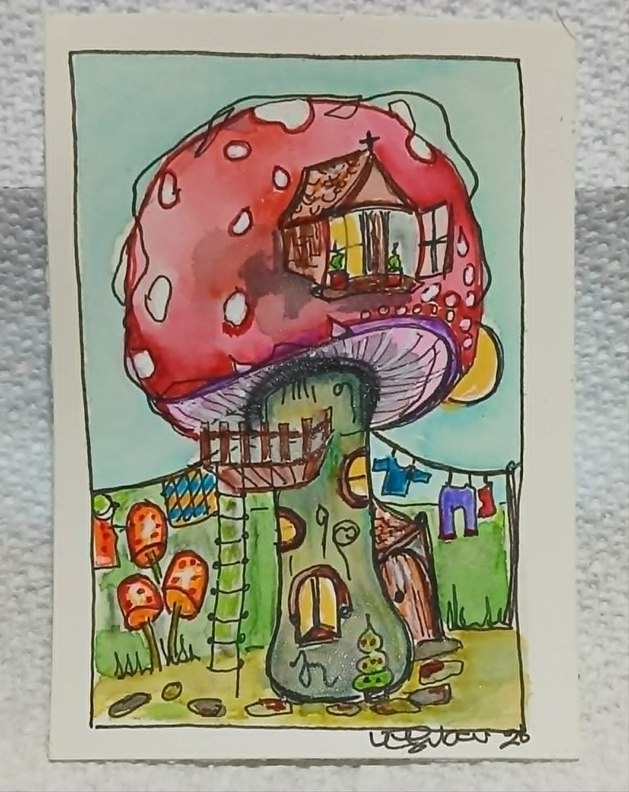 OOAK Watercolor ACEO Enchanted Redcap Mushroom House Naive Outsider Art Virginia