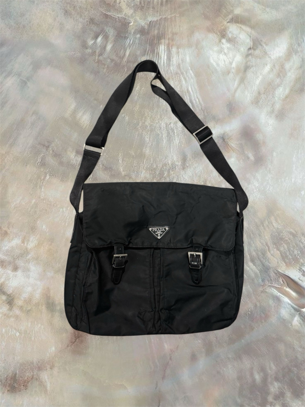 Prada Black Nylon Tessuto Messenger Bag with Silver Hardware