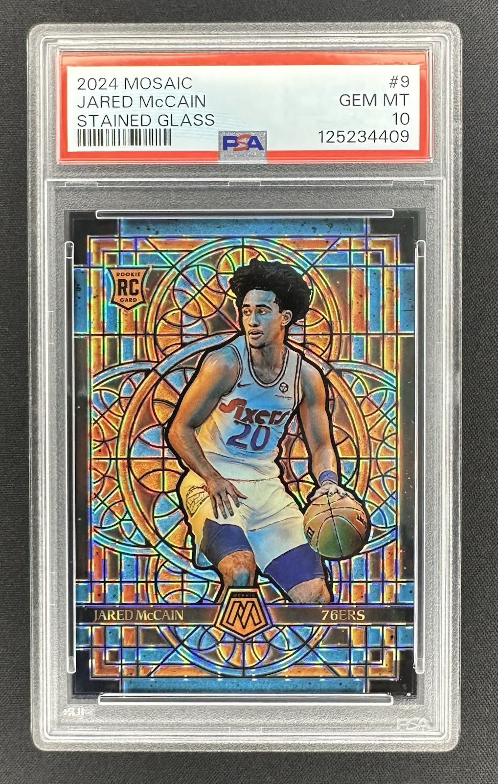 2024-25 Mosaic - Jared McCain Stained Glass Rookie RC #9 76ers SSP PSA 10
