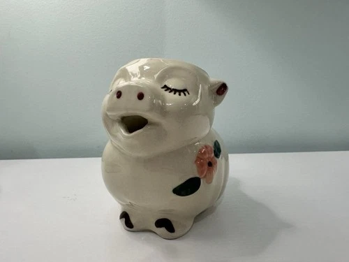 Vintage Shawnee Smiley Pig Creamer With Orange Flower - 4.5”