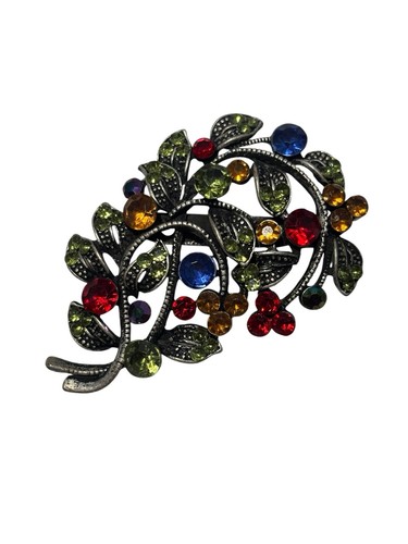 Vintage Silver Tone Multicolor Rhinestone Leafy Scrolled Branches Brooch Pin
