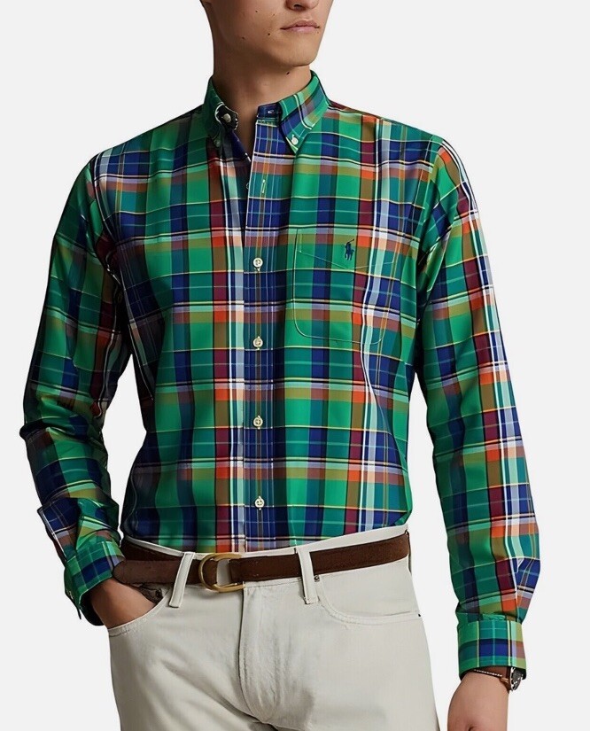 $138 Polo Ralph Lauren Classic-Fit Plaid Performance Long Sleeve Shirt, Multi XL