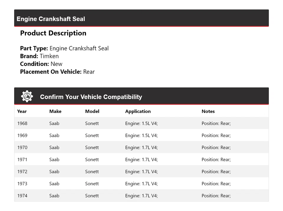 Sello del cigüeñal trasero del motor Saab Sonett 1968-1974 Timken 1969 1970 1971 1972 Foto 2 de 4