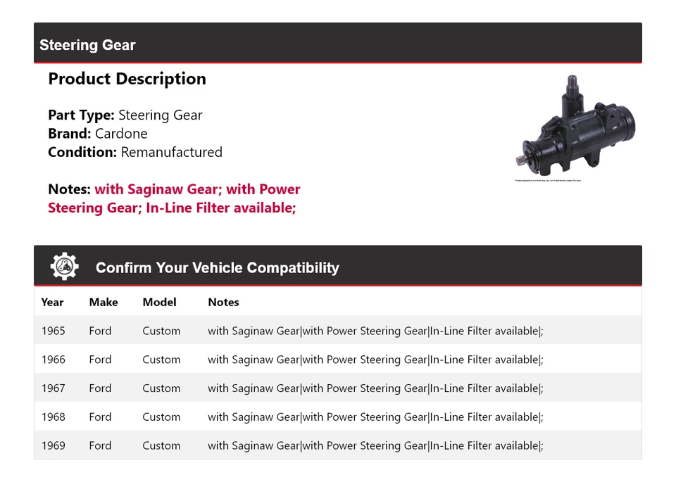 For 1965-1969 Ford Custom Steering Gear Cardone 1966 1967 1968 - Image 2 of 4