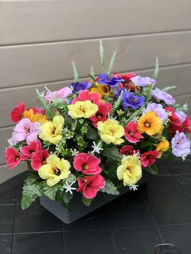 Planter Artificial Flowers Spring Pansies Plants Rectangular Pot Anemones Garden - Picture 3 of 12