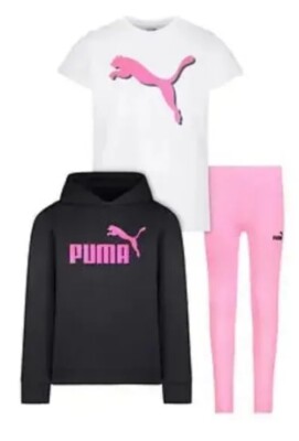 NEW PUMA Girls Youth 3-piece Hoodie Set - PINK BLACK, WHITE Size