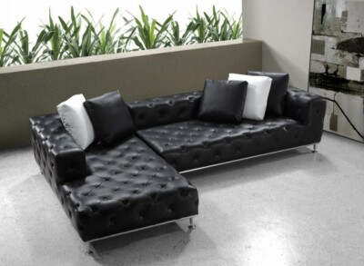 2 pc Chesterfield tufted black Genuine top grain Leather Sectional set #672