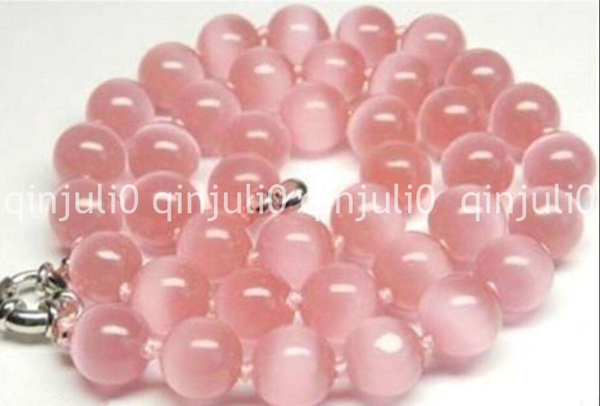 Pretty 10mm Pink Cat's Eye Stone Opal Round Beads Gems Necklace 18" AAA