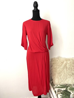 Trenery Size 8 Tuck Front Dress Red Colour 3/4 Sleeves Below Knees
