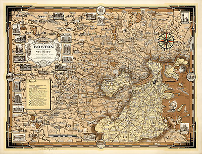 Early Pictorial Wall Map Boston Massachusetts and Vicinity Art Poster History
