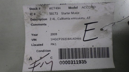 08 HONDA ACCORD Starter - Picture 2 of 8