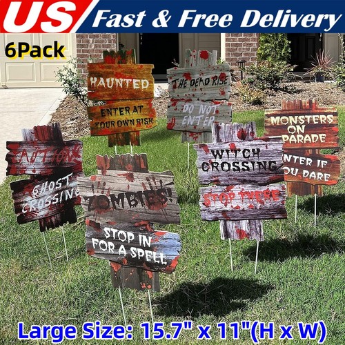 Halloween Warning Yard Sign Props Outdoor Scary Zombie Vampire Graves Lawn Decor