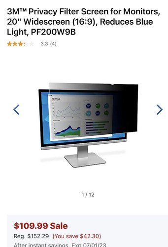 3M Privacy Filter Screen - Reduces Blue Ligjt - For Monitors 20” Widescreens - Picture 2 of 11