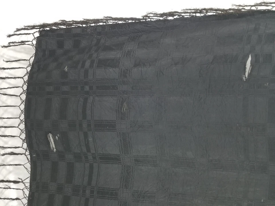 Antique 19thC Chinese Geometric Black Piano Shawl With Fringe 153x153cm - Image 3 of 4