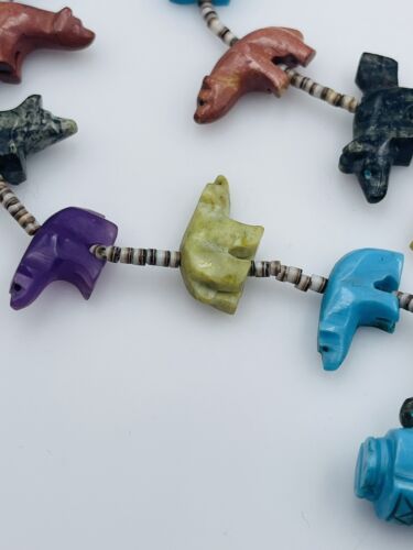 Vintage Zuni Sterling Turquoise & Amethyst Fetish Bear Turtle Beaded  Necklace
