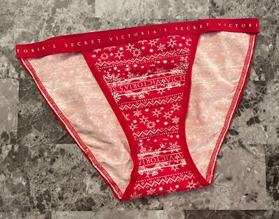 NWT VICTORIA'S SECRET RED FAIR ISLE SNOWFLAKE LOGO BAND STRING BIKINI PANTIES