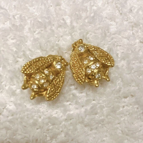 Orecchini Christian Dior Vintage Placcati Oro Strass Ape Clip On 1838