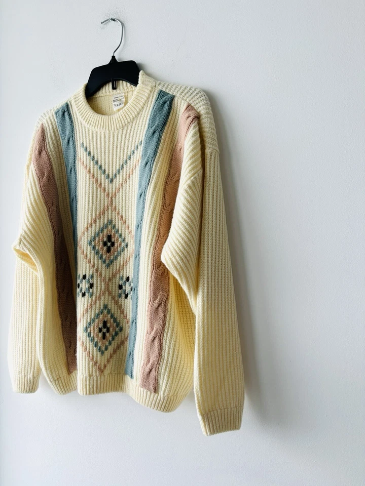 Men’s 90s Vintage Cable Knit Sweater Ivory Pink Blue Wool Blend Grandpa Medium - Image 3 of 4