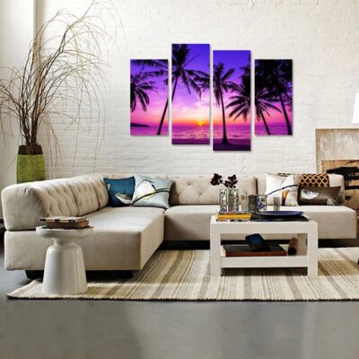 Tableau Décoratif 5 Pièces - Forêt, Rivière Et Coucher De Soleil - Toile Encadrée, Impression Sur Canvas - Neuf