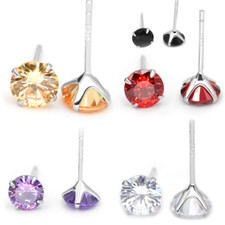 GENUINE SOLID 925 Sterling Silver Women Girl 4mm Round CZ Stud Earrings Gift