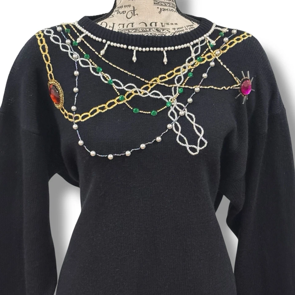 Suéter de vestir vintage años 80 liso Jane talla L negro con cuentas joyas hombreras Foto 2 de 4