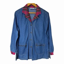 VTG Denim Field Chore Coat Barn Jacket Plaid M 100 Cotton Oh Mamma Farm Cabin