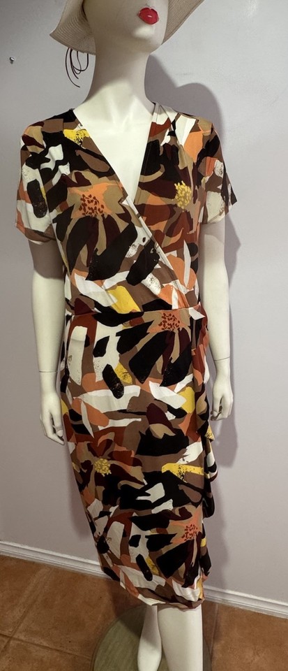 Jane Lamerton Short Sleeve Multicoloured Midi Wrap Dress/Ruffle Size14 GC