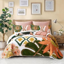 3 Piece Boho Floral Full/Queen Quilt Sets Farmhouse Botanical Reversible