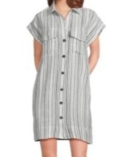 Madewell Sammy Dress~Size L~Black White Striped Print 100% Linen DAMAGE~L5 17