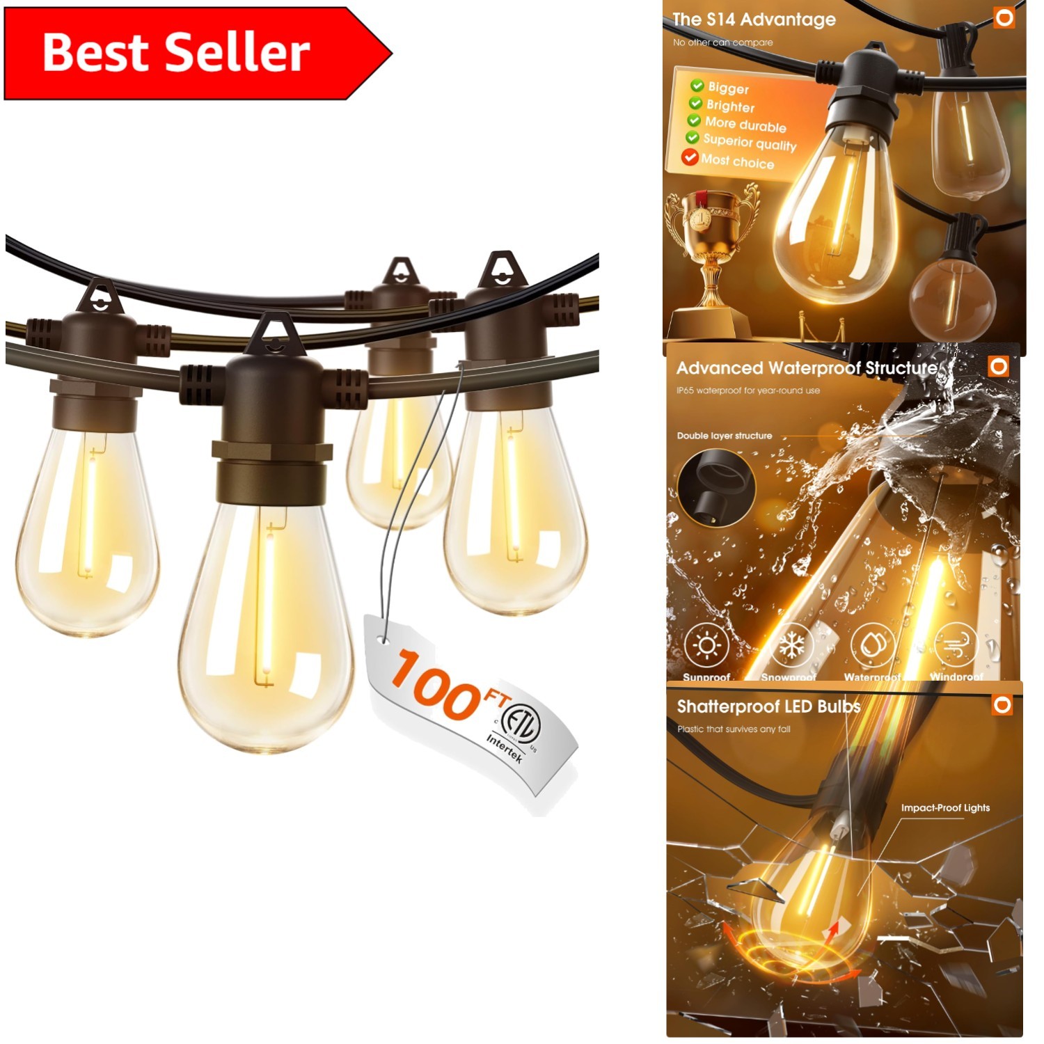 Elegant 100FT Shatterproof Warm White LED String Lights Weatherproof
